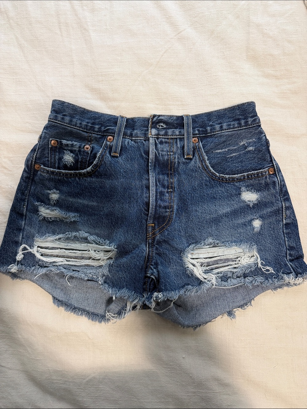 Levi's Distressed Dark Blue High-Rise Jean Shorts